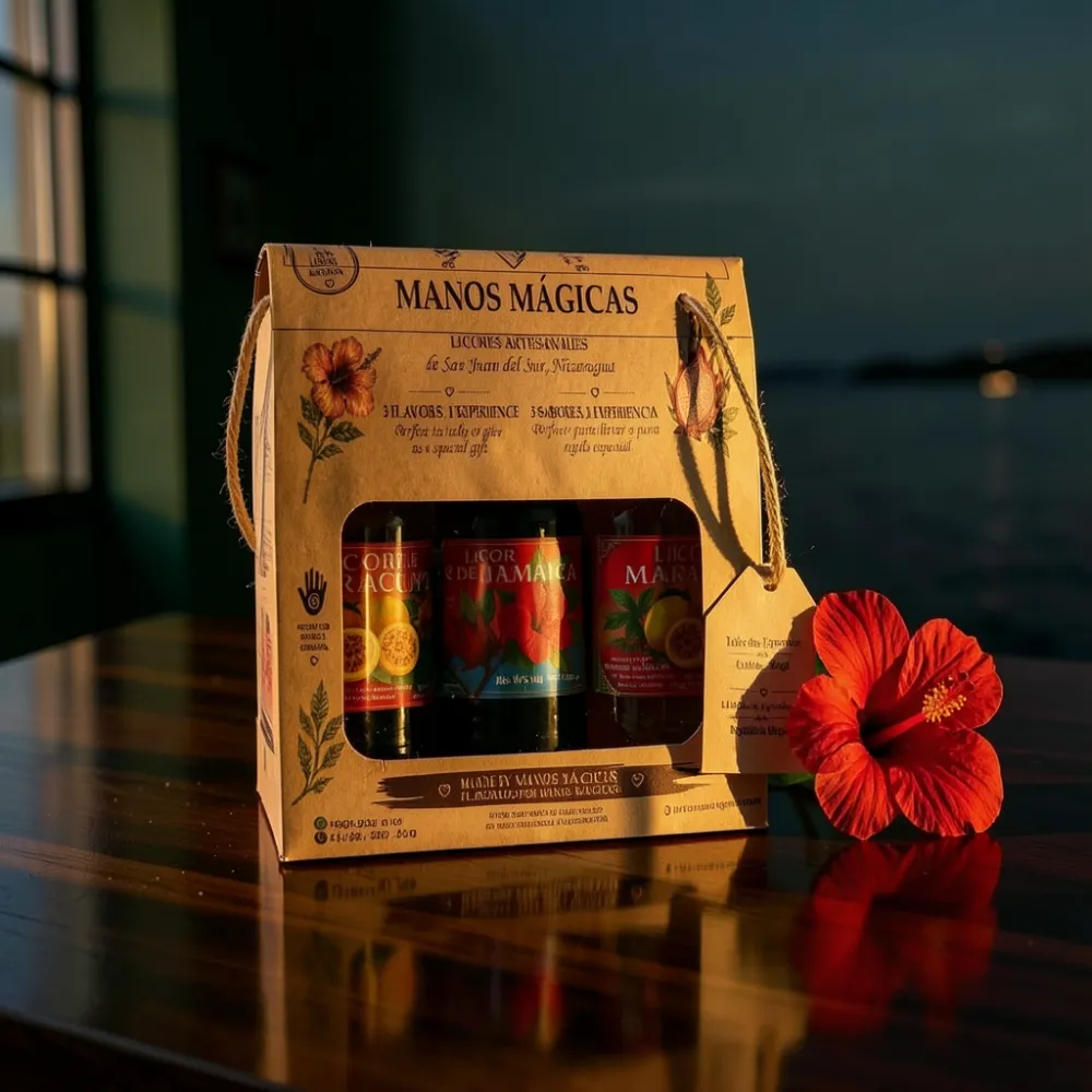 Caja de regalo de kraft de Manos Mágicas con tres botellas de licor